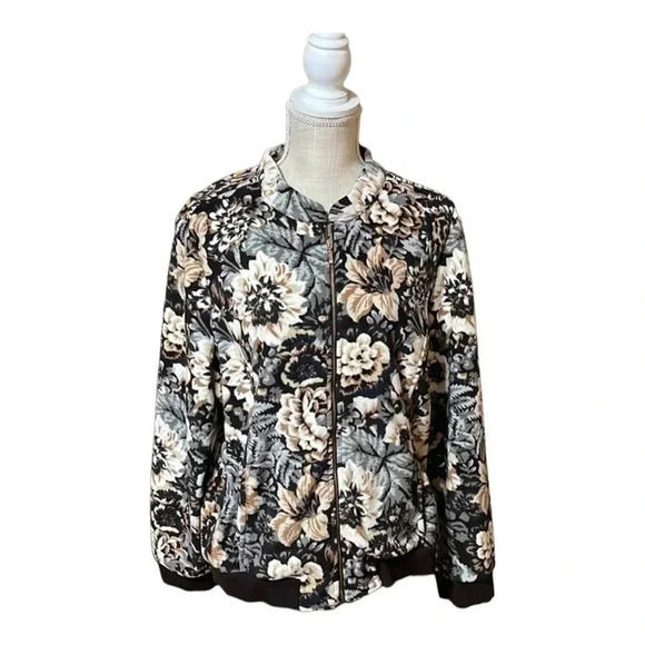 Isaac Mizrahi Live! Floral Brown Fleece Zip Sweater Women’s size XL - Picture 1 of 15